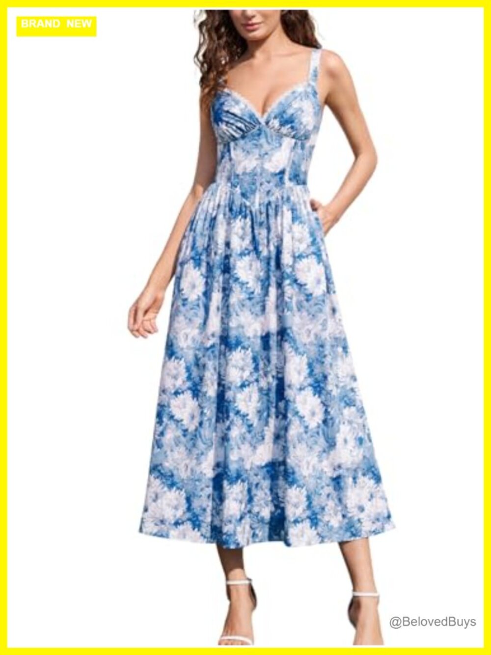 Corset Midi Dress Flowy Smocked V-Neck Wedding Guest Sleeveless